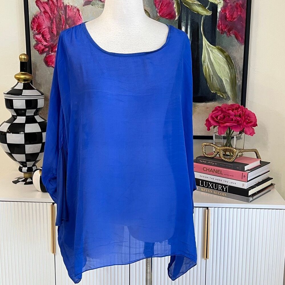 Sofia Women's Oversized Batwing Sleeve Kaftan Silk Blouse Royal Blue One Size